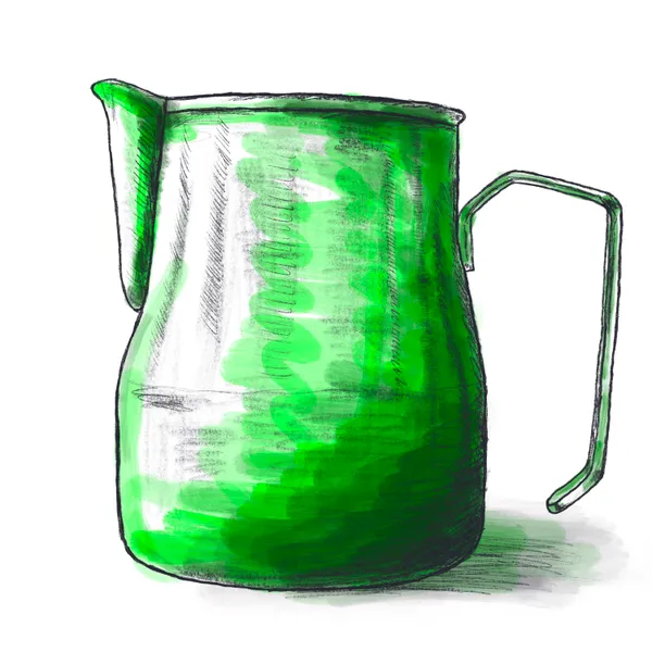 Green pitcher. Bad barista tattoo.